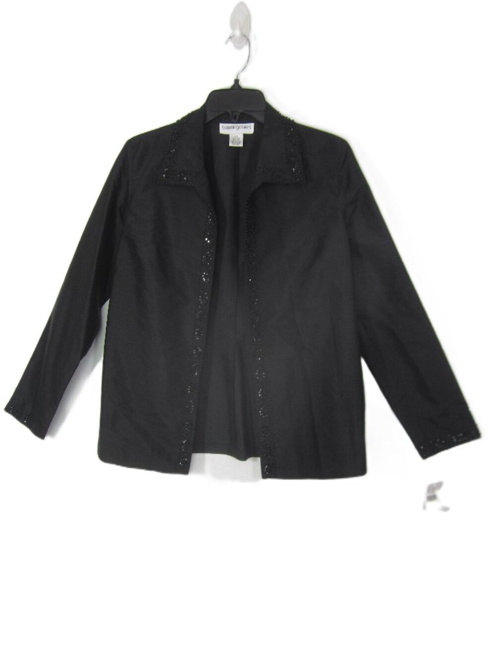 Bloomingdale's NEW Size 10P Solid Black Beaded Silk Open Front Jacket Women